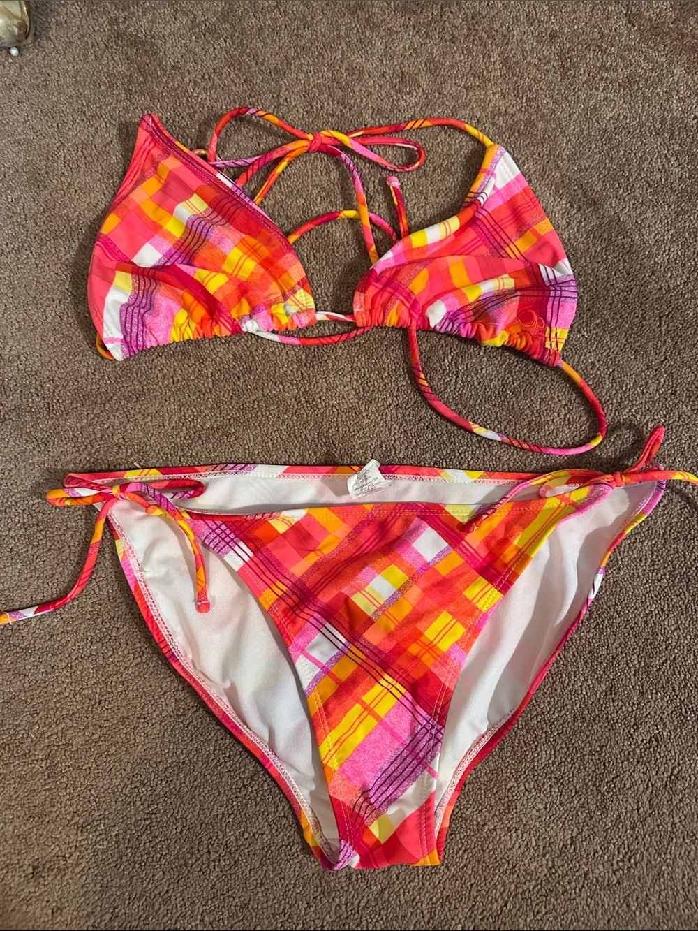 Vibrant Plaid Tie-Side Bikini Set - Pink, Orange, Yellow